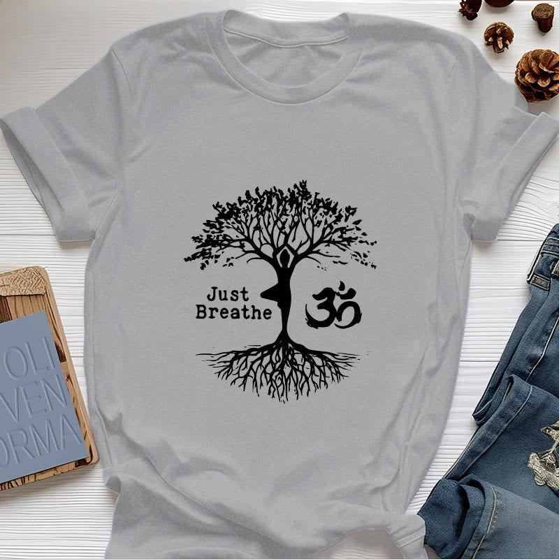 Olivenorma "JUST BREATHE" Yoga Tree OM Symbol Spiritual T-Shirt - Gray - 2XL - image 10