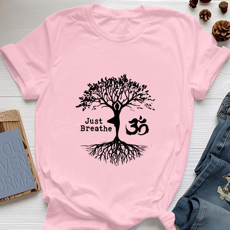 Olivenorma "JUST BREATHE" Yoga Tree OM Symbol Spiritual T-Shirt - Pink - 2XL - image 16