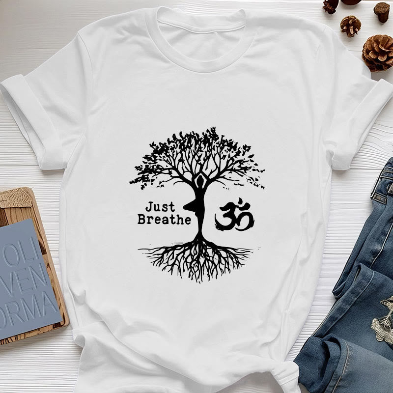 Olivenorma "JUST BREATHE" Yoga Tree OM Symbol Spiritual T-Shirt - White - 2XL - image 6