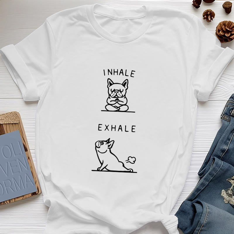 Olivenorma Bulldog "INHALE & EXHALE" Funny Spiritual T-Shirt - White - 2XL - image 1