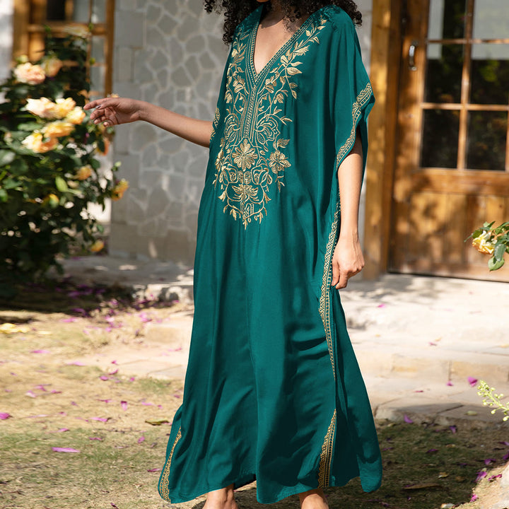 Olivenorma Beach Blouse Embroidered Vacation Kaftan Dress
