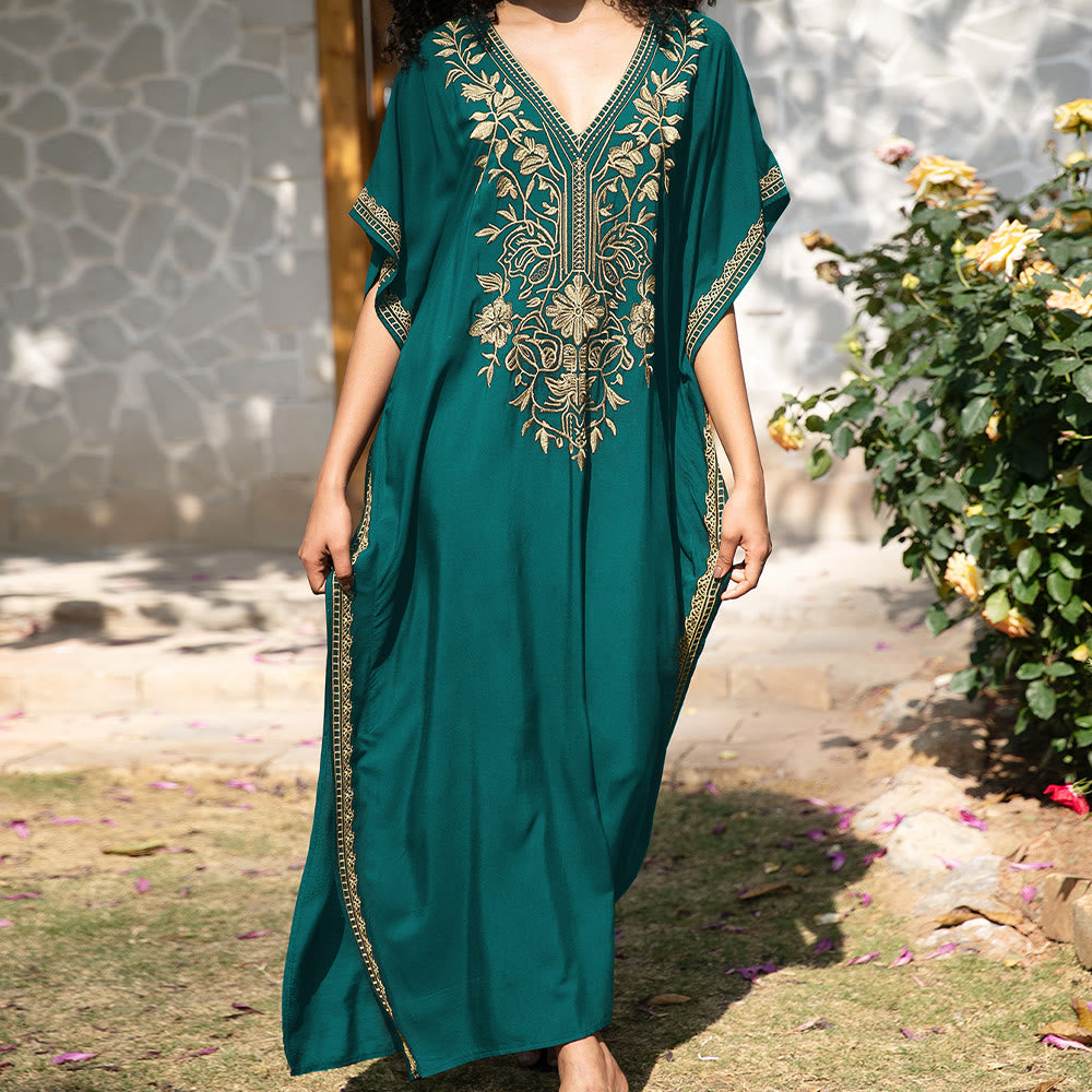 Olivenorma Beach Blouse Embroidered Vacation Kaftan Dress