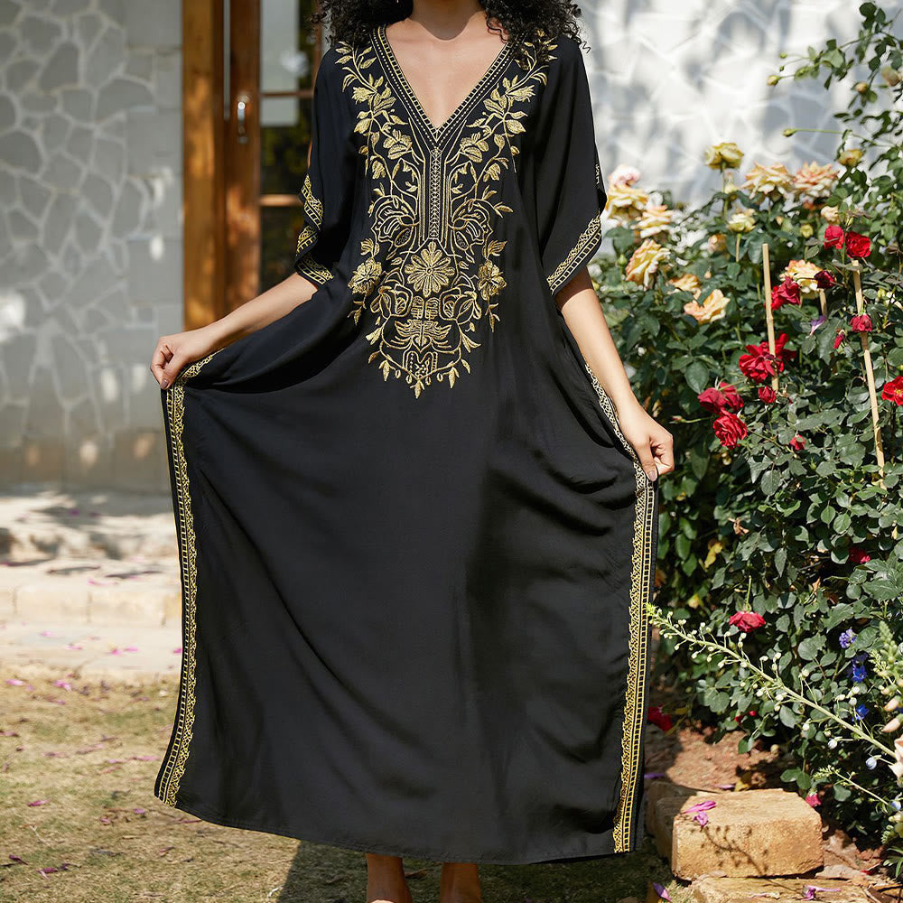 Olivenorma Beach Blouse Embroidered Vacation Kaftan Dress