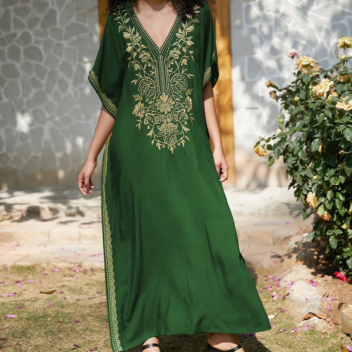 Olivenorma Beach Blouse Embroidered Vacation Kaftan Dress