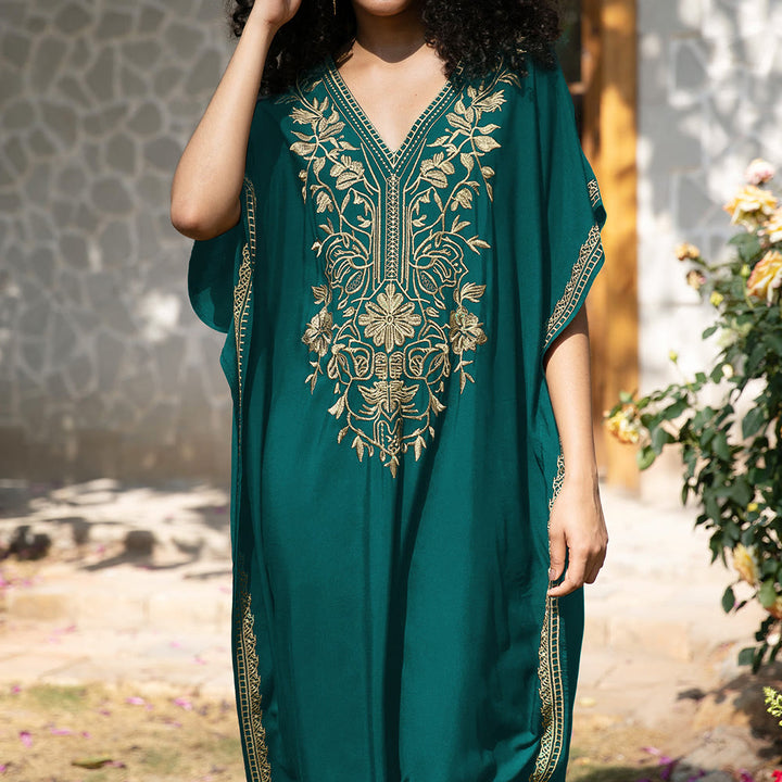 Olivenorma Beach Blouse Embroidered Vacation Kaftan Dress