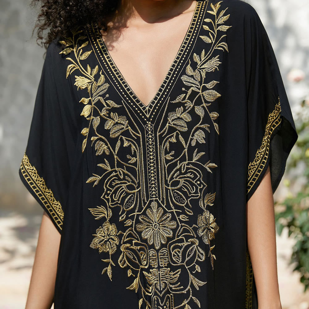 Olivenorma Beach Blouse Embroidered Vacation Kaftan Dress