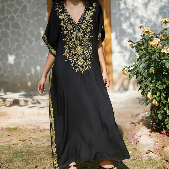 Olivenorma Beach Blouse Embroidered Vacation Kaftan Dress