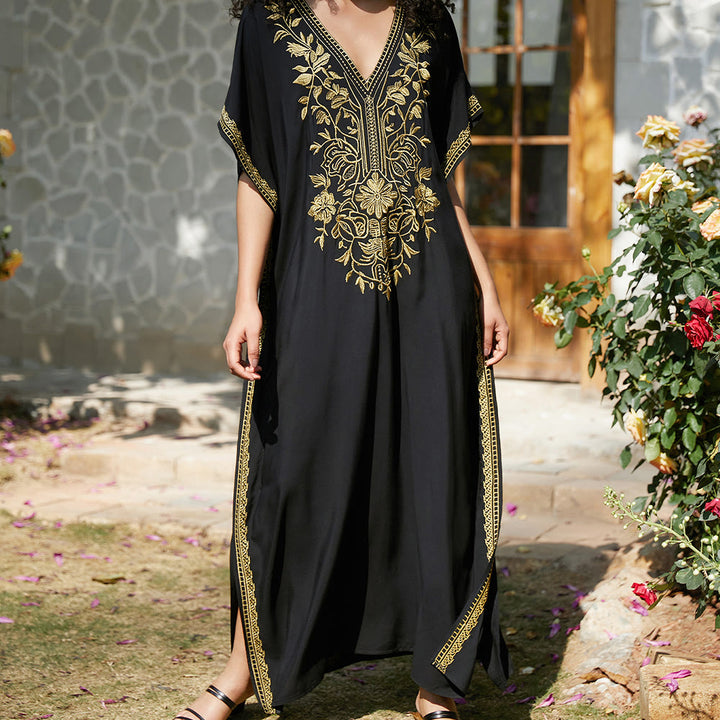 Olivenorma Beach Blouse Embroidered Vacation Kaftan Dress