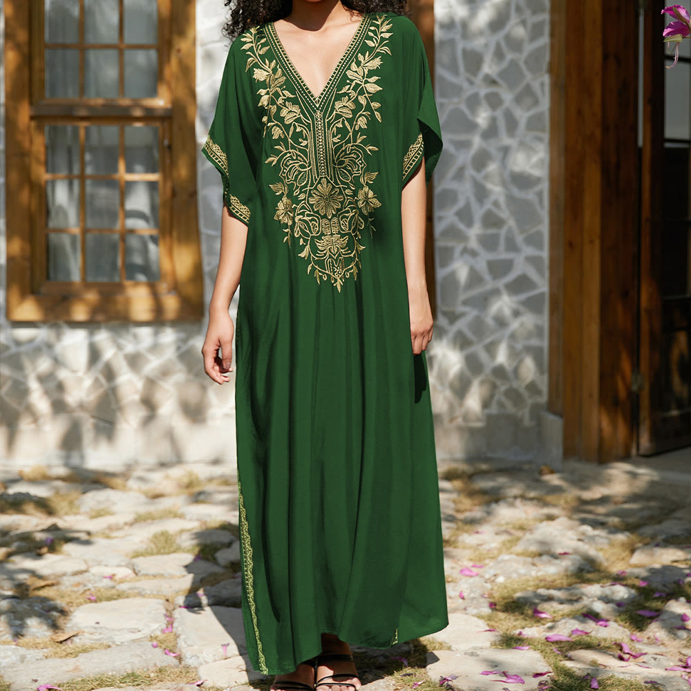 Olivenorma Beach Blouse Embroidered Vacation Kaftan Dress