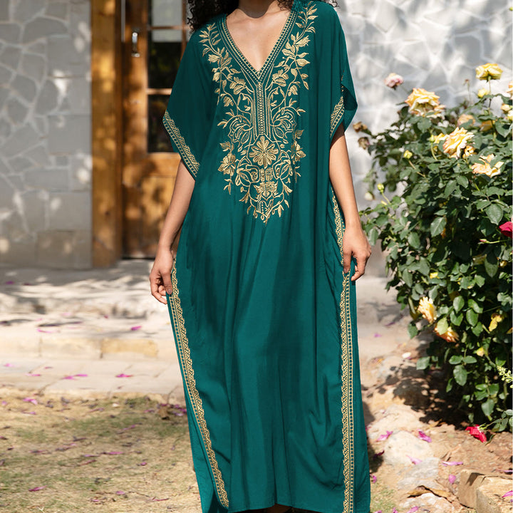 Olivenorma Beach Blouse Embroidered Vacation Kaftan Dress