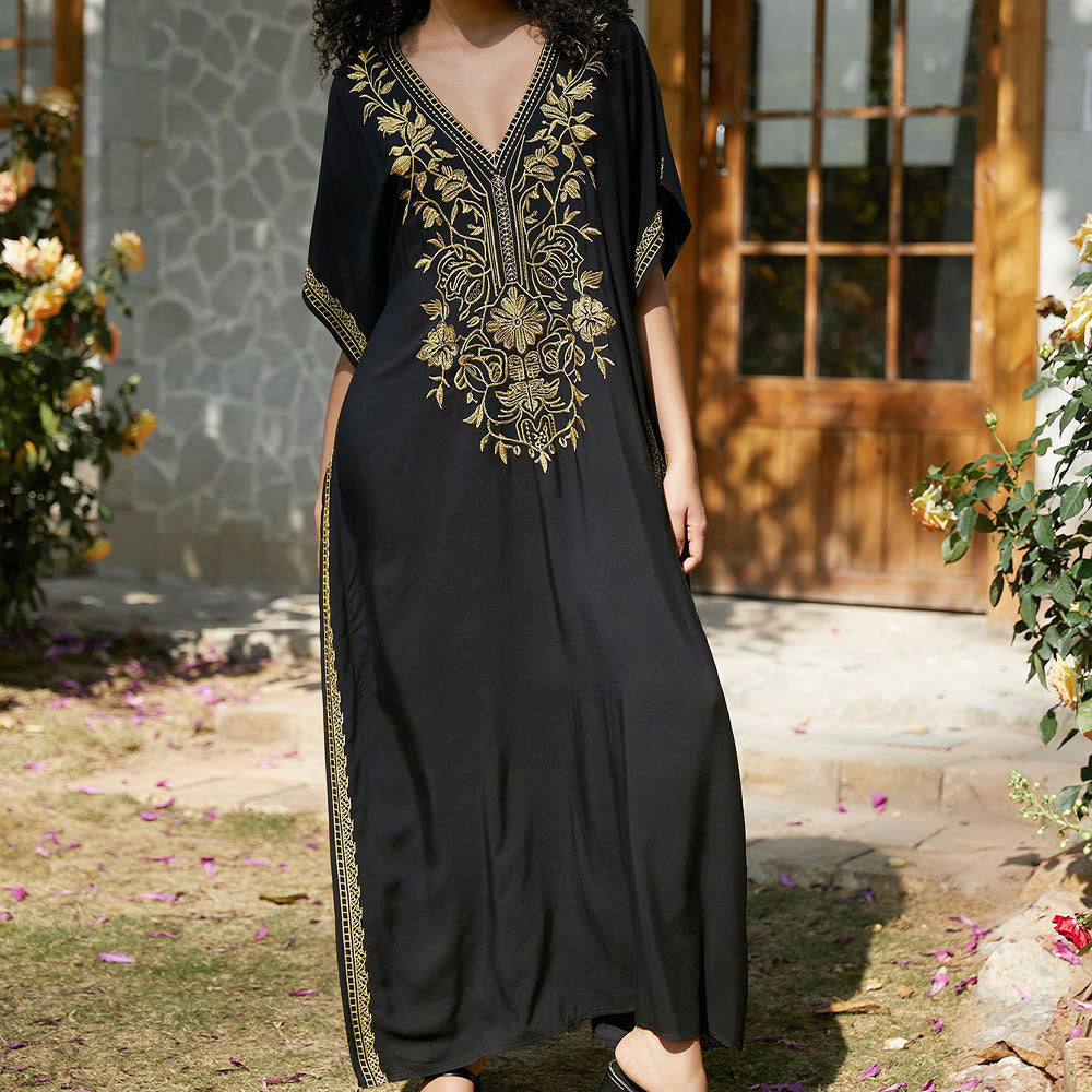 Olivenorma Beach Blouse Embroidered Vacation Kaftan Dress