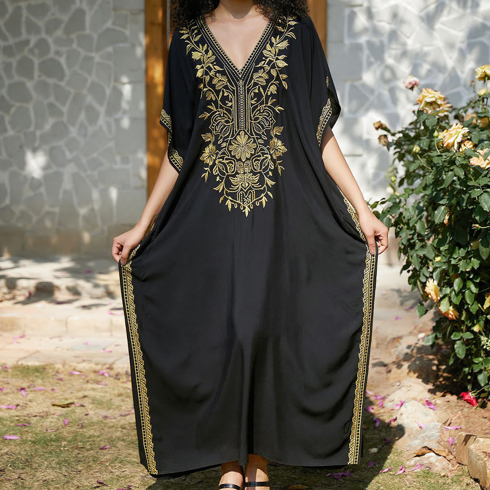 Olivenorma Beach Blouse Embroidered Vacation Kaftan Dress