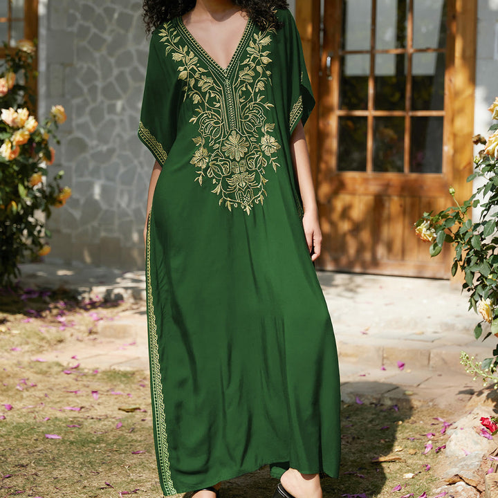 Olivenorma Beach Blouse Embroidered Vacation Kaftan Dress