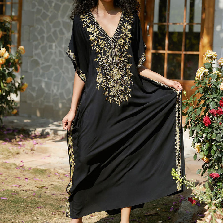 Olivenorma Beach Blouse Embroidered Vacation Kaftan Dress