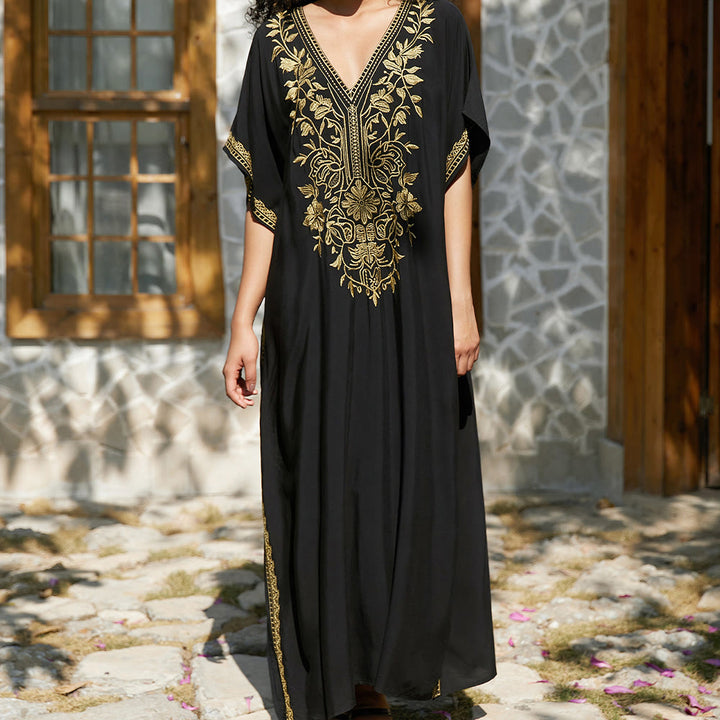 Olivenorma Beach Blouse Embroidered Vacation Kaftan Dress