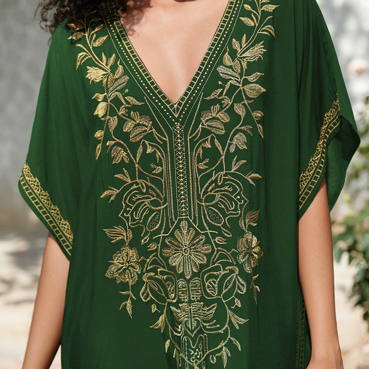 Olivenorma Beach Blouse Embroidered Vacation Kaftan Dress