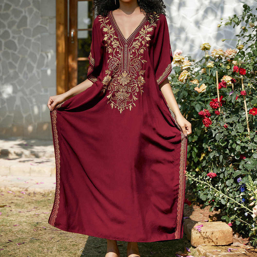 Olivenorma Beach Blouse Embroidered Vacation Kaftan Dress