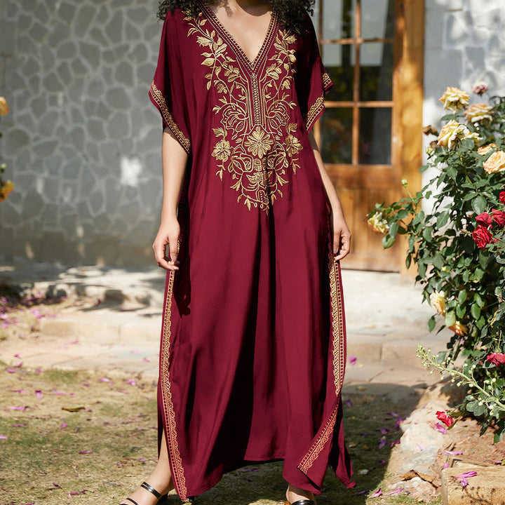 Olivenorma Beach Blouse Embroidered Vacation Kaftan Dress