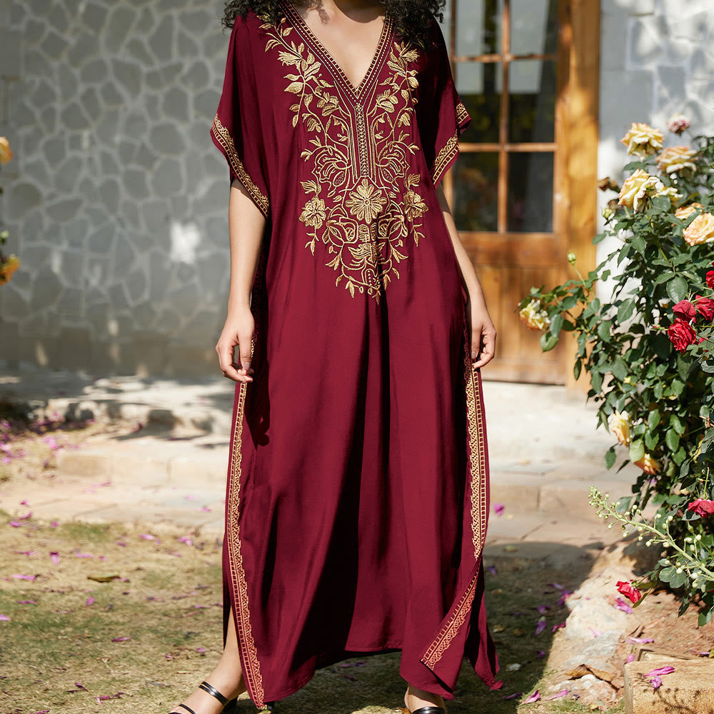 Olivenorma Beach Blouse Embroidered Vacation Kaftan Dress