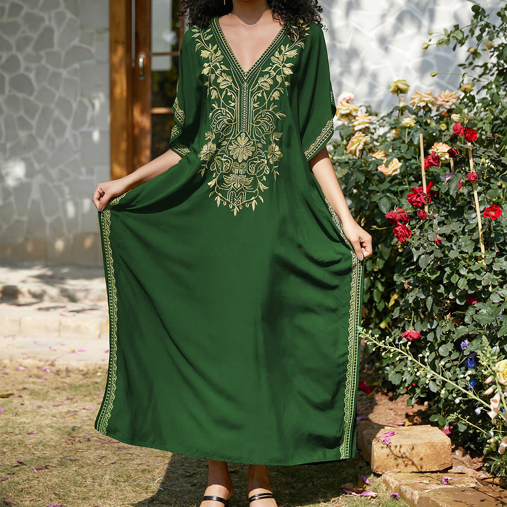 Olivenorma Beach Blouse Embroidered Vacation Kaftan Dress