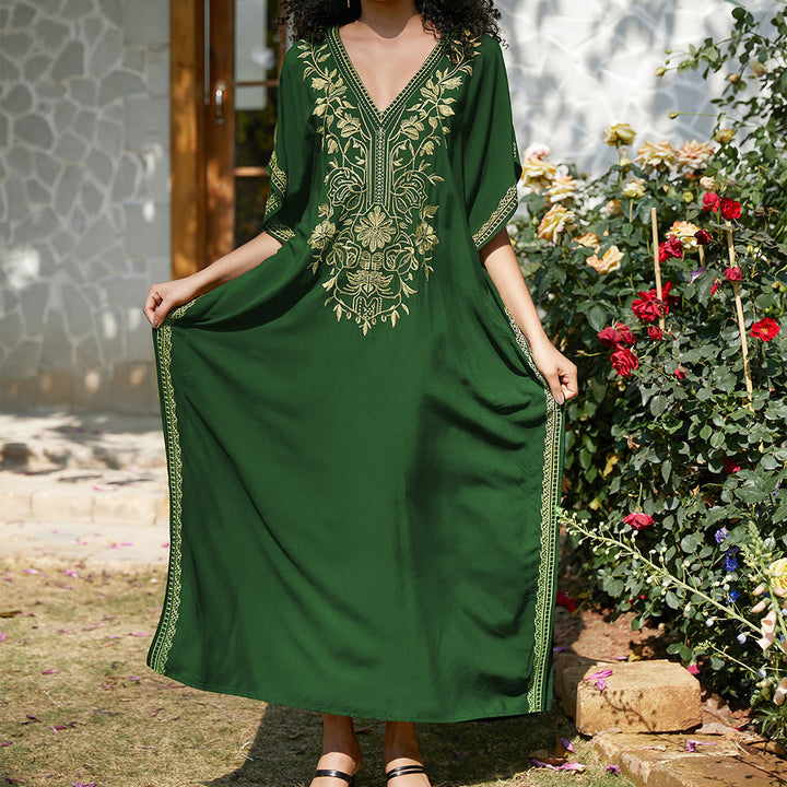 Olivenorma Beach Blouse Embroidered Vacation Kaftan Dress