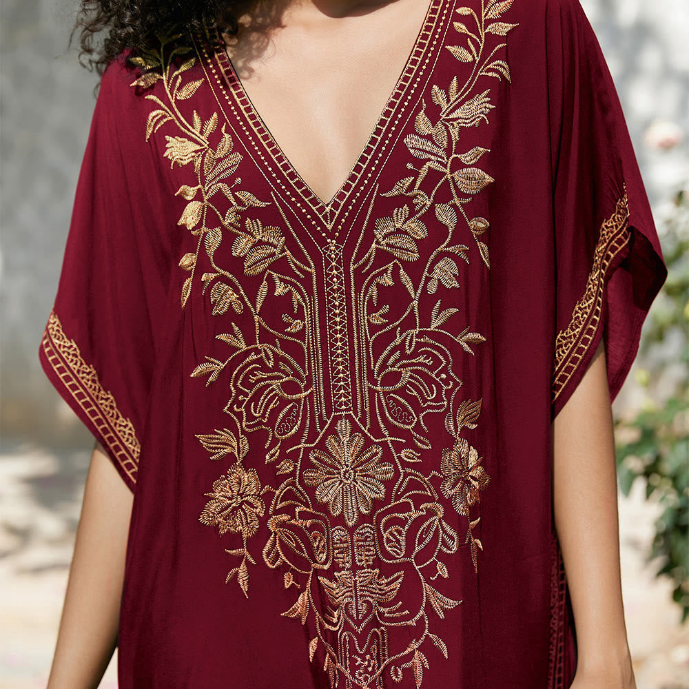 Olivenorma Beach Blouse Embroidered Vacation Kaftan Dress