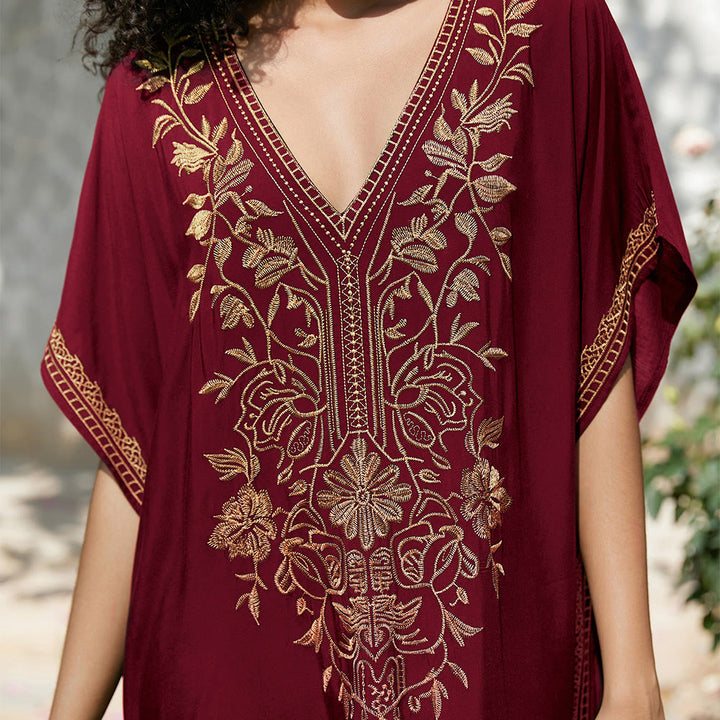 Olivenorma Beach Blouse Embroidered Vacation Kaftan Dress