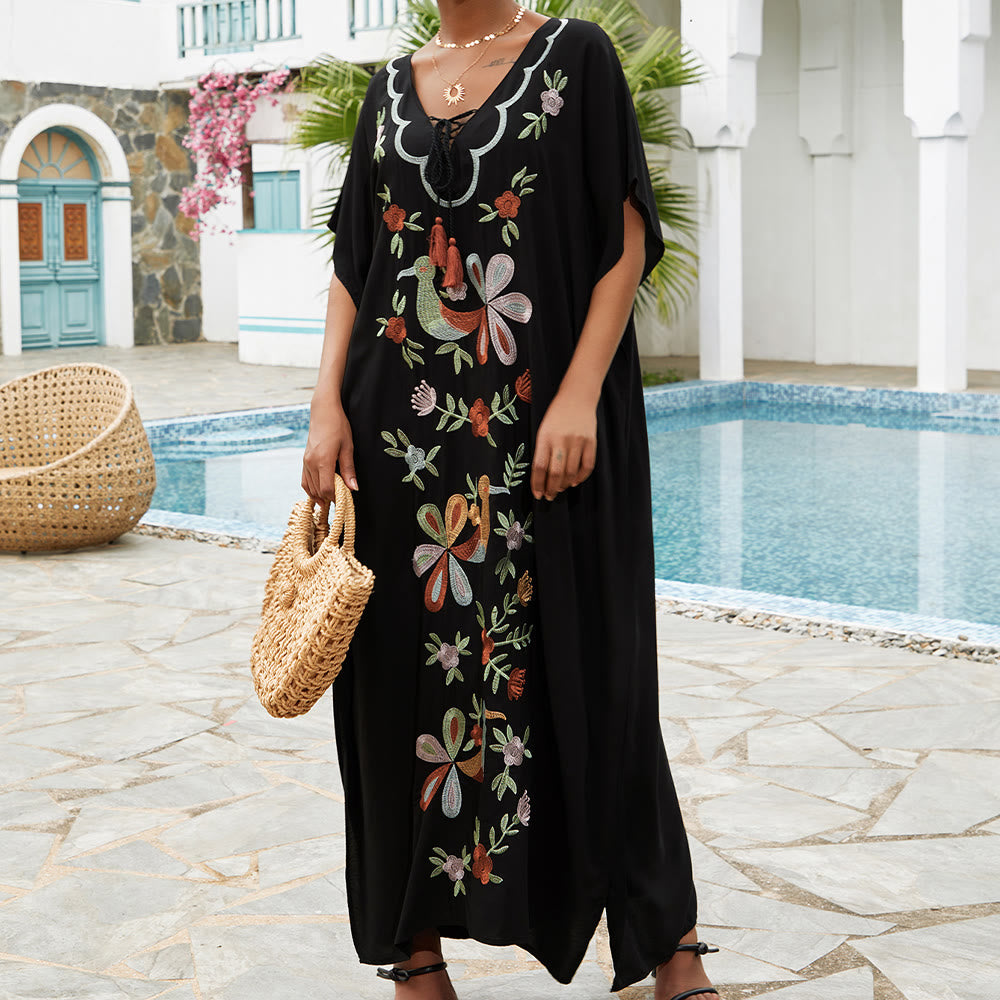 Olivenorma Beach Blouse Embroidered Flower Bird Kaftan Dress