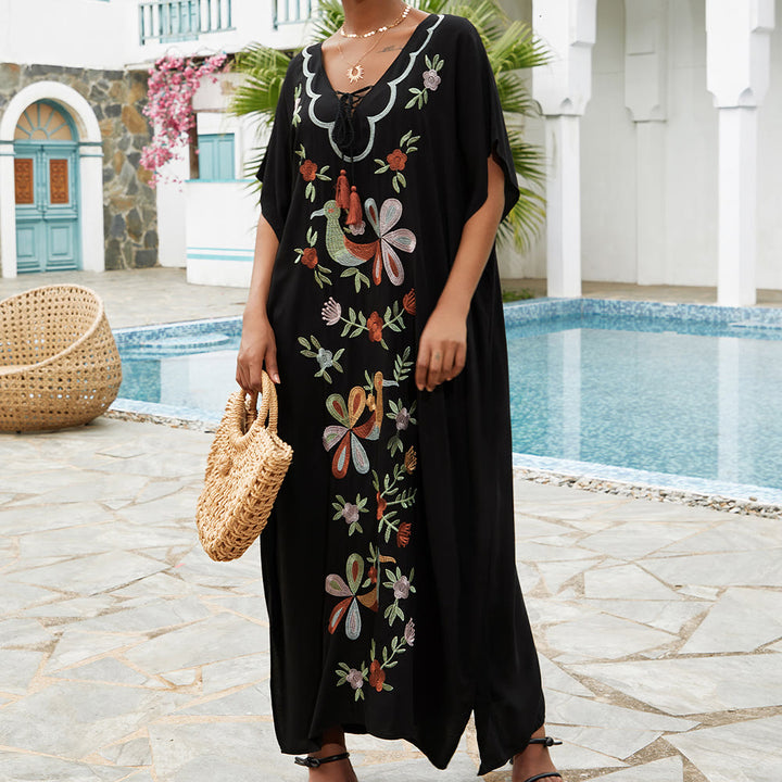 Olivenorma Beach Blouse Embroidered Flower Bird Kaftan Dress