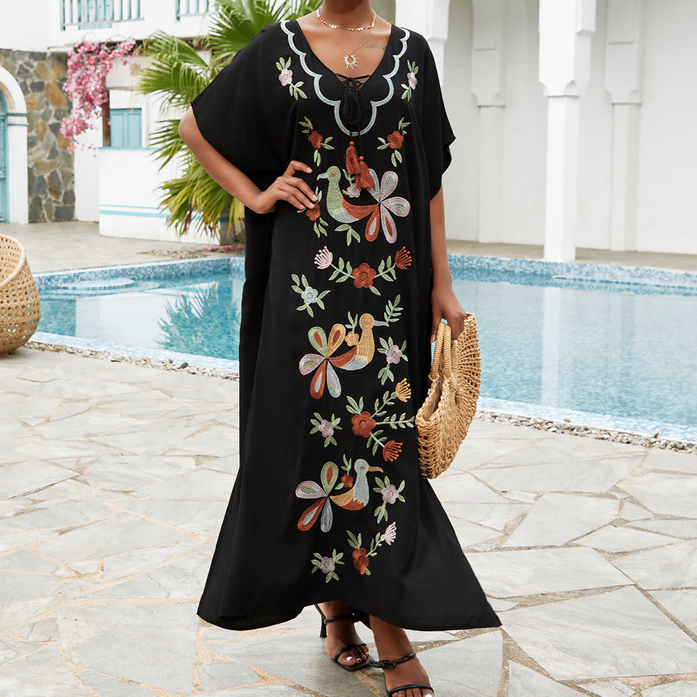 Olivenorma Beach Blouse Embroidered Flower Bird Kaftan Dress