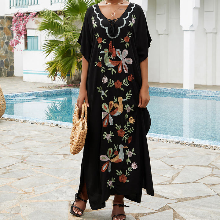 Olivenorma Beach Blouse Embroidered Flower Bird Kaftan Dress