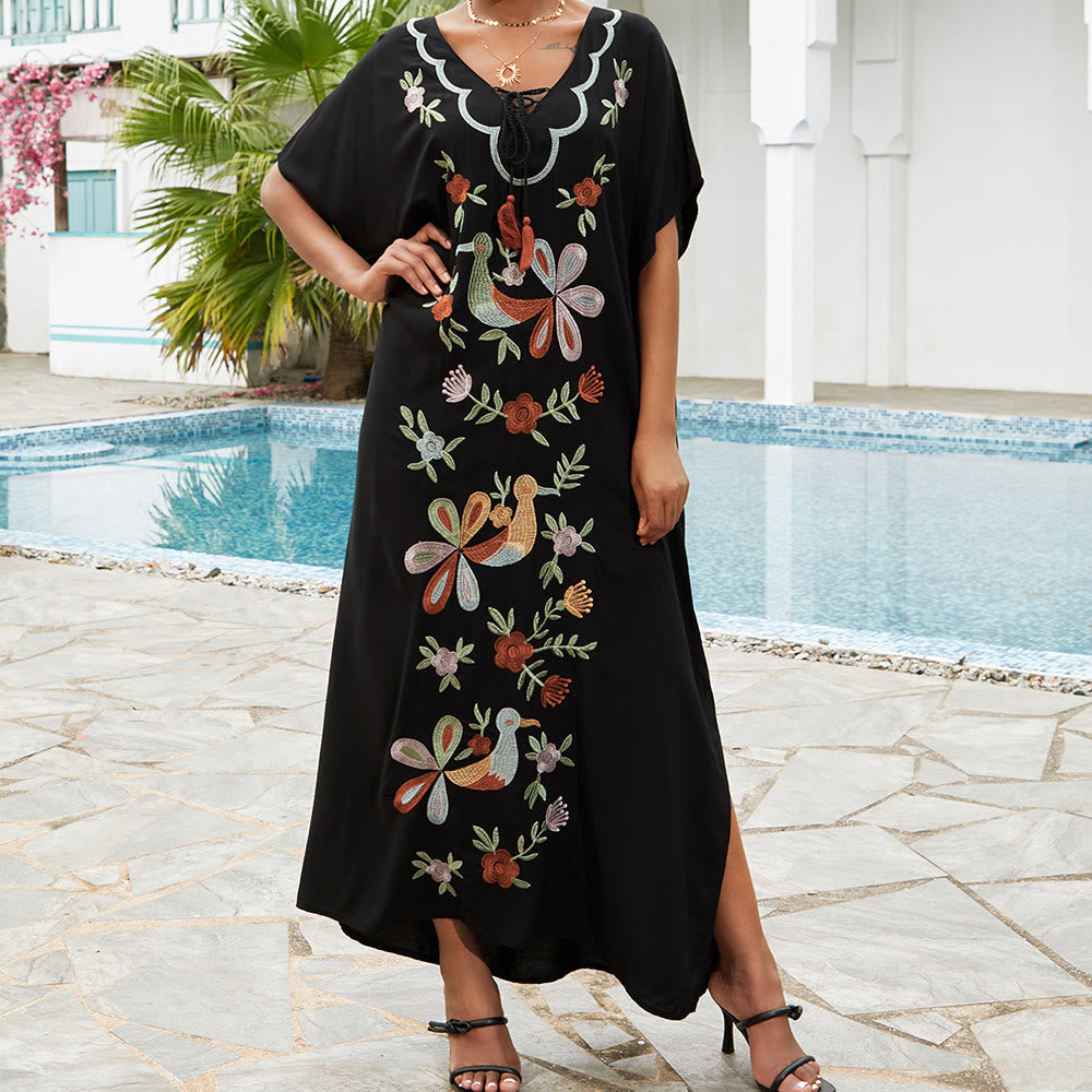 Olivenorma Beach Blouse Embroidered Flower Bird Kaftan Dress