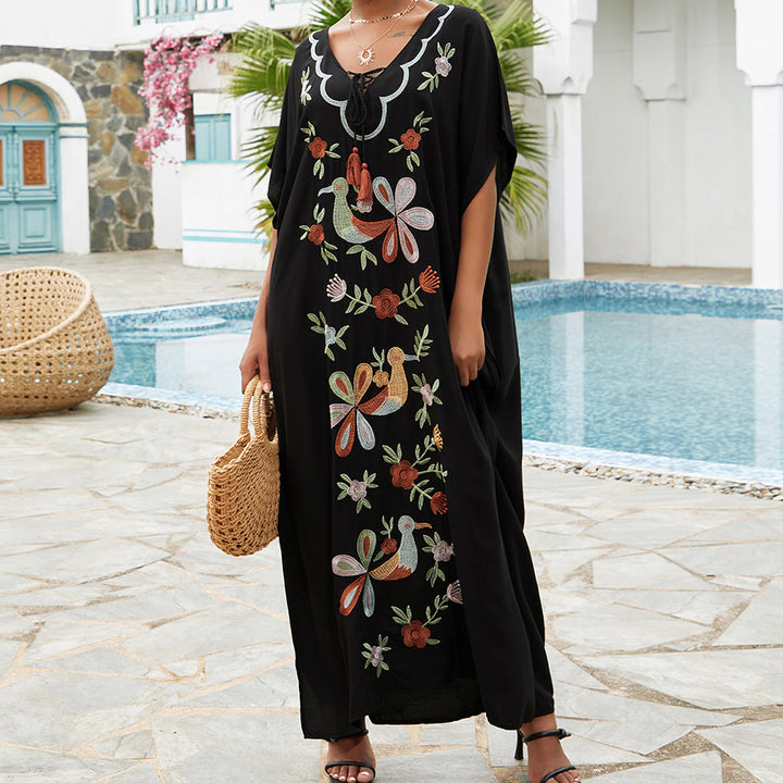 Olivenorma Beach Blouse Embroidered Flower Bird Kaftan Dress