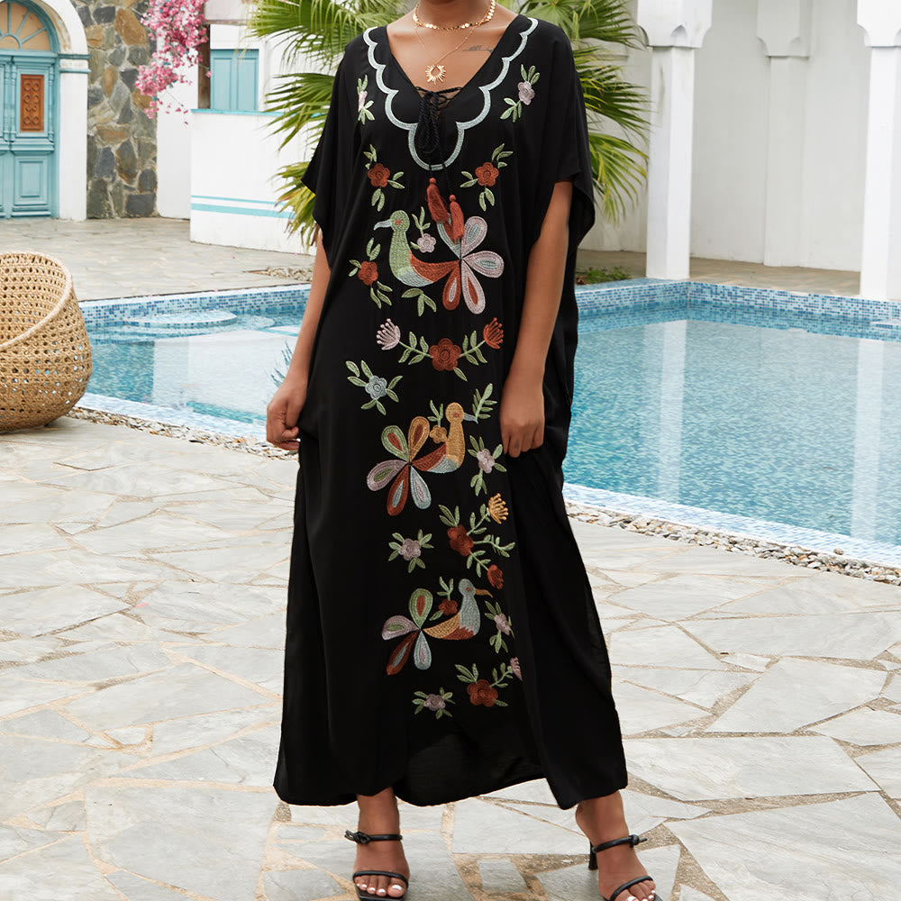 Olivenorma Beach Blouse Embroidered Flower Bird Kaftan Dress