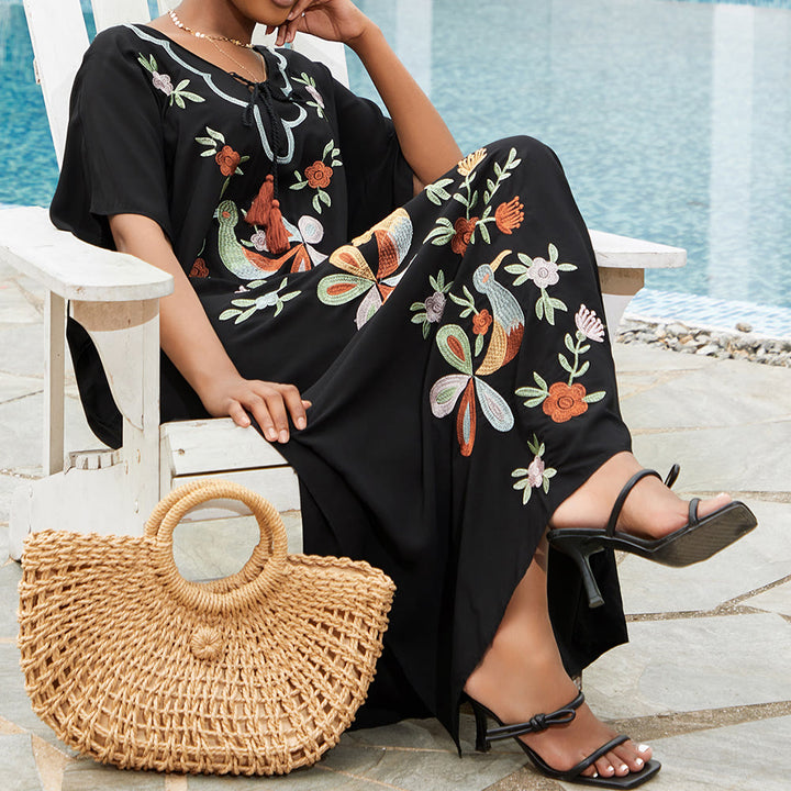 Olivenorma Beach Blouse Embroidered Flower Bird Kaftan Dress