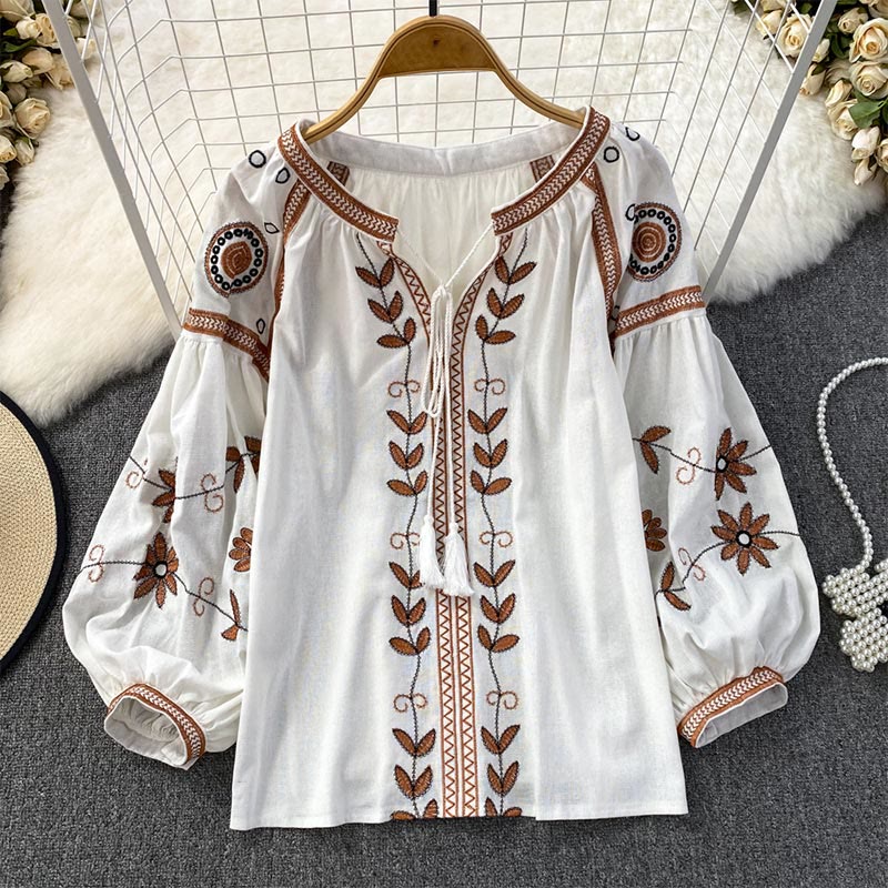 Olivenorma Bohemia Embroidered Lantern Sleeve Women's Shirt