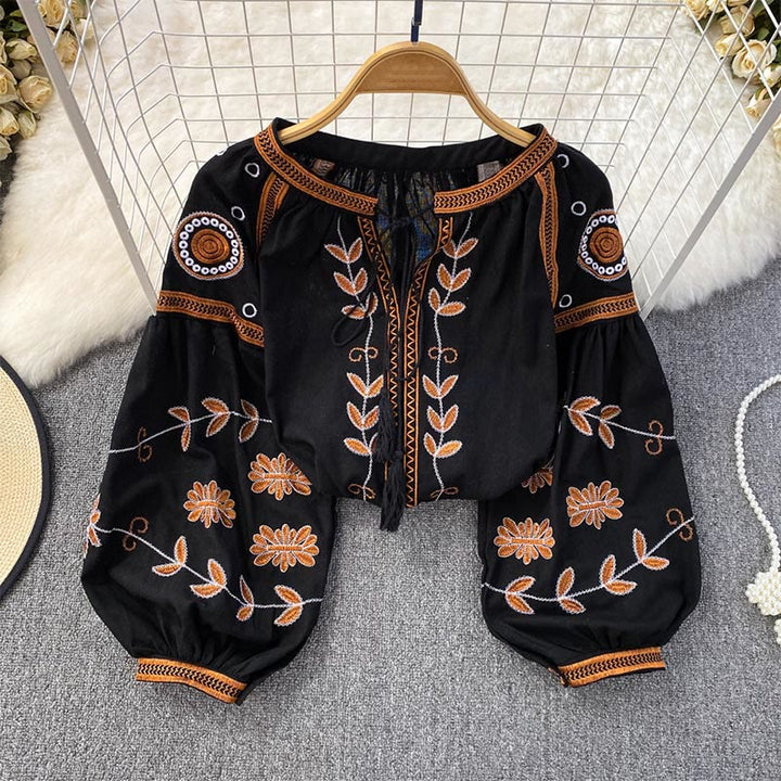 Olivenorma Bohemia Embroidered Lantern Sleeve Women's Shirt