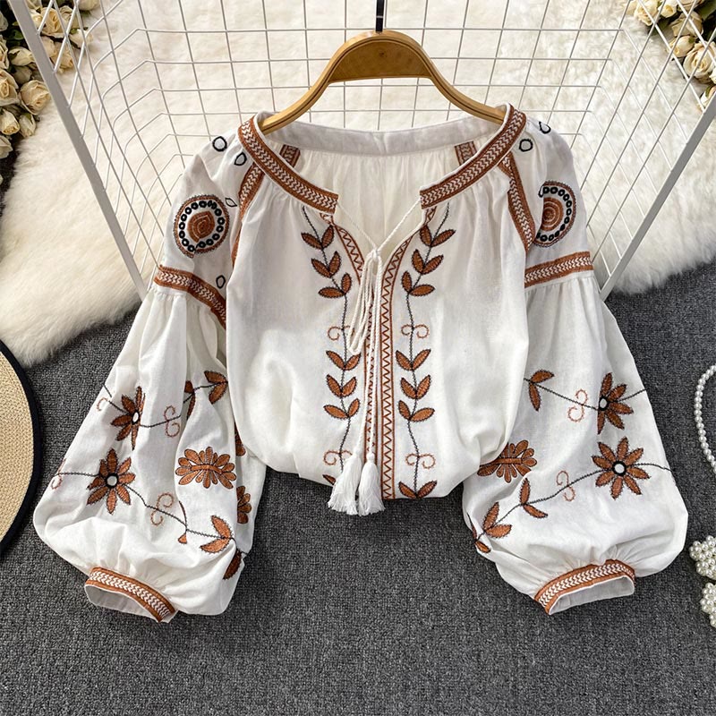 Olivenorma Bohemia Embroidered Lantern Sleeve Women's Shirt