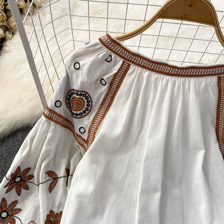 Olivenorma Bohemia Embroidered Lantern Sleeve Women's Shirt
