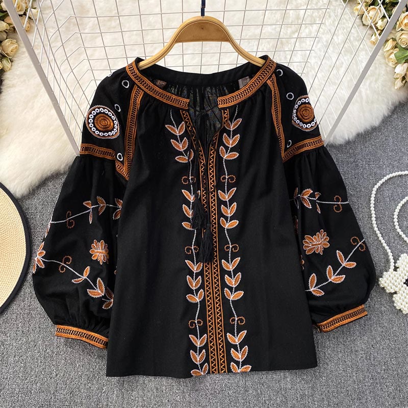 Olivenorma Bohemia Embroidered Lantern Sleeve Women's Shirt
