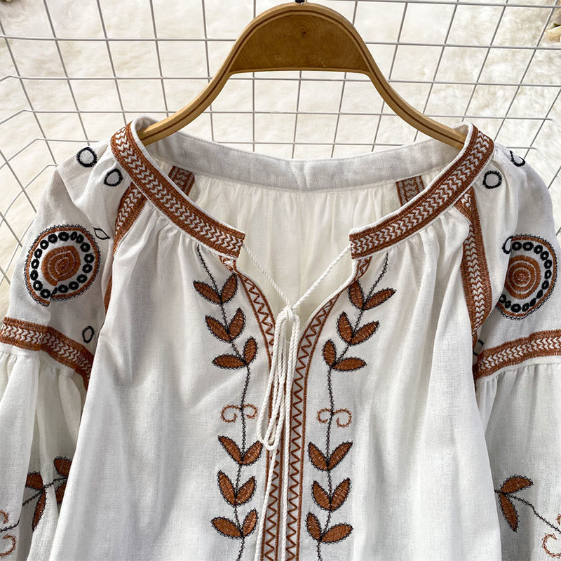 Olivenorma Bohemia Embroidered Lantern Sleeve Women's Shirt