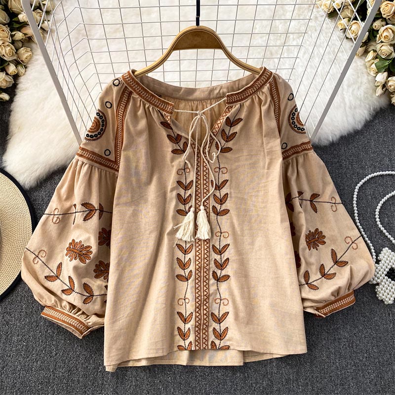 Olivenorma Bohemia Embroidered Lantern Sleeve Women's Shirt