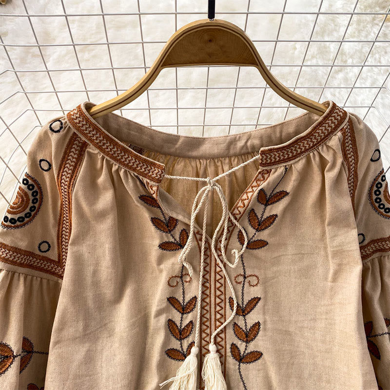 Olivenorma Bohemia Embroidered Lantern Sleeve Women's Shirt