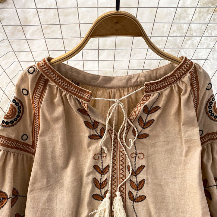 Olivenorma Bohemia Embroidered Lantern Sleeve Women's Shirt