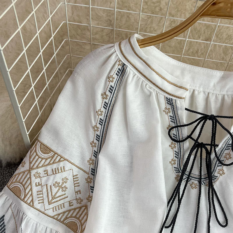 Olivenorma Geometric Totem Embroidery Lantern Sleeve Women's Shirt