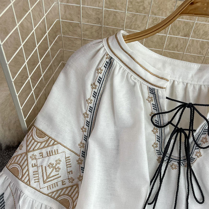 Olivenorma Geometric Totem Embroidery Lantern Sleeve Women's Shirt