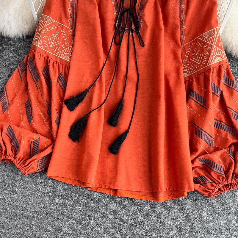 Olivenorma Geometric Totem Embroidery Lantern Sleeve Women's Shirt