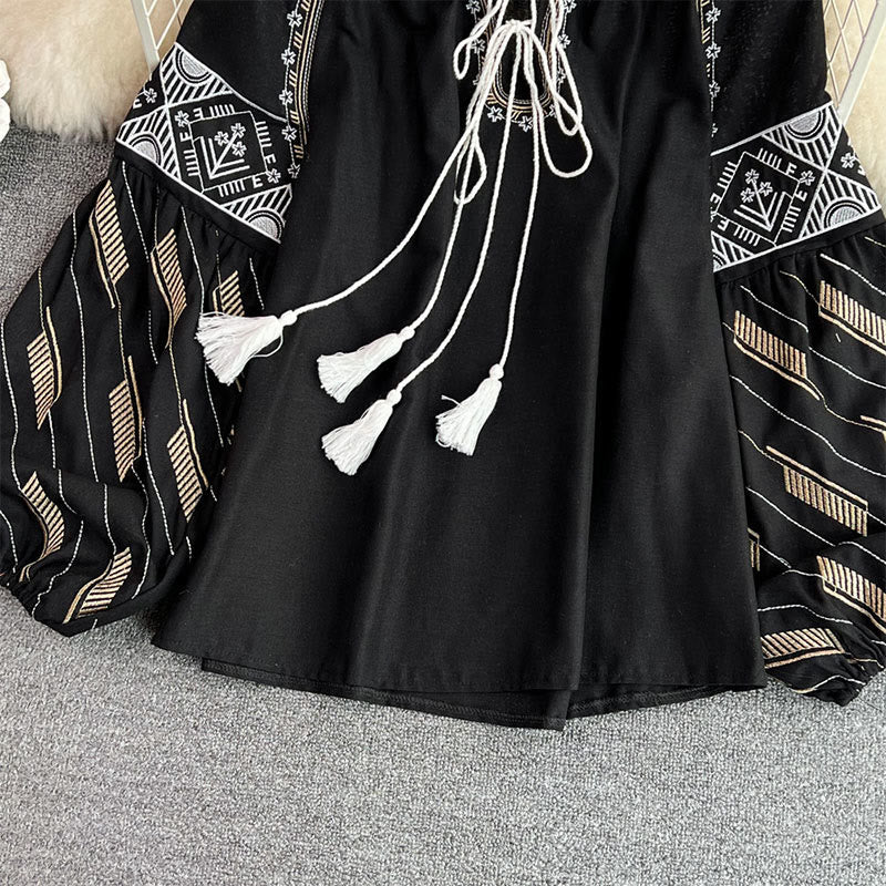 Olivenorma Geometric Totem Embroidery Lantern Sleeve Women's Shirt