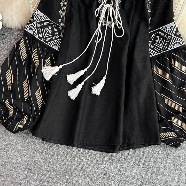 Olivenorma Geometric Totem Embroidery Lantern Sleeve Women's Shirt