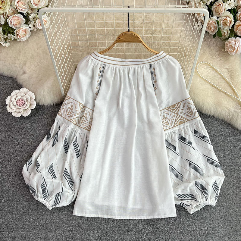 Olivenorma Geometric Totem Embroidery Lantern Sleeve Women's Shirt